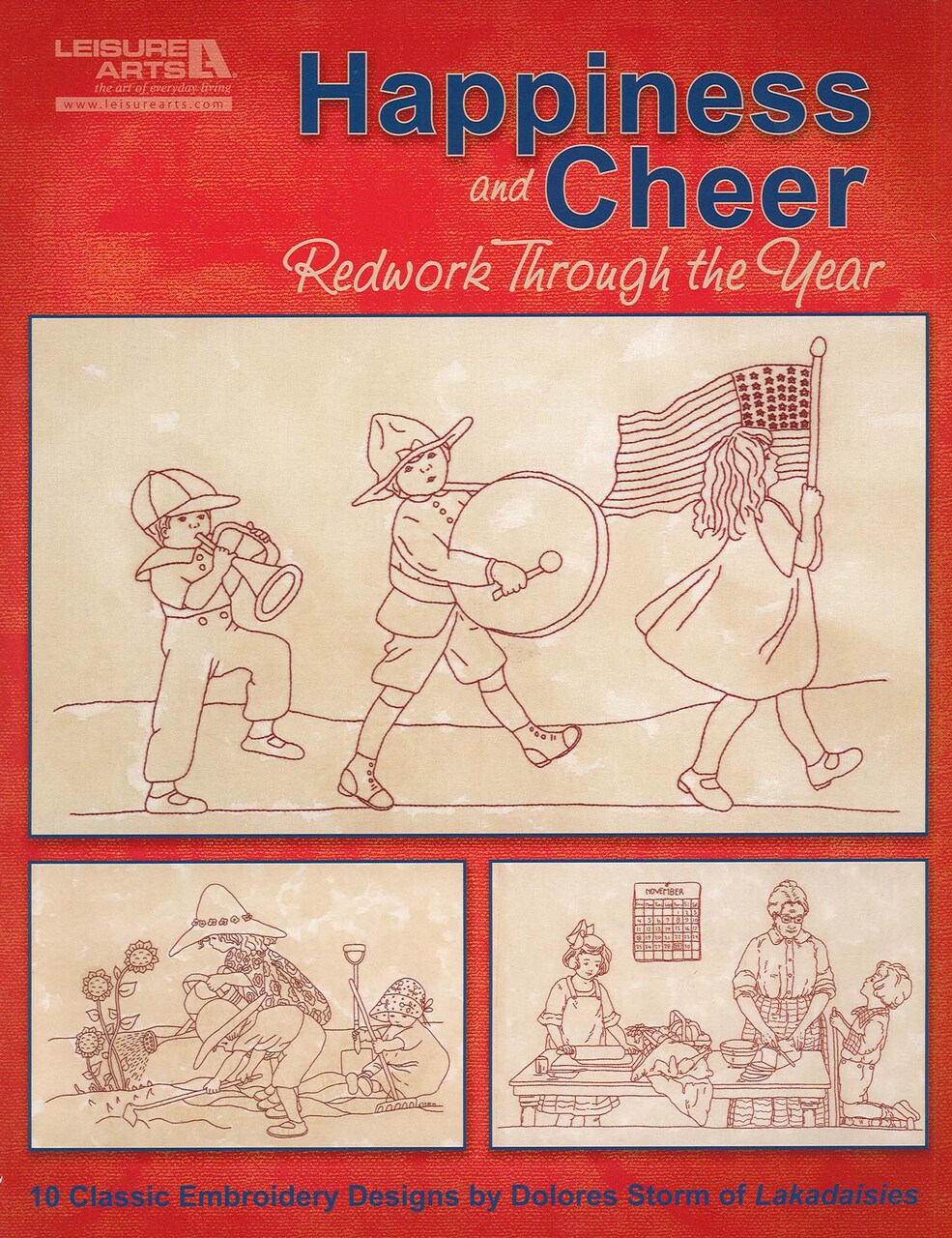 Leisure Arts Happiness and Cheer Redwork Thru Year Embroidery Book